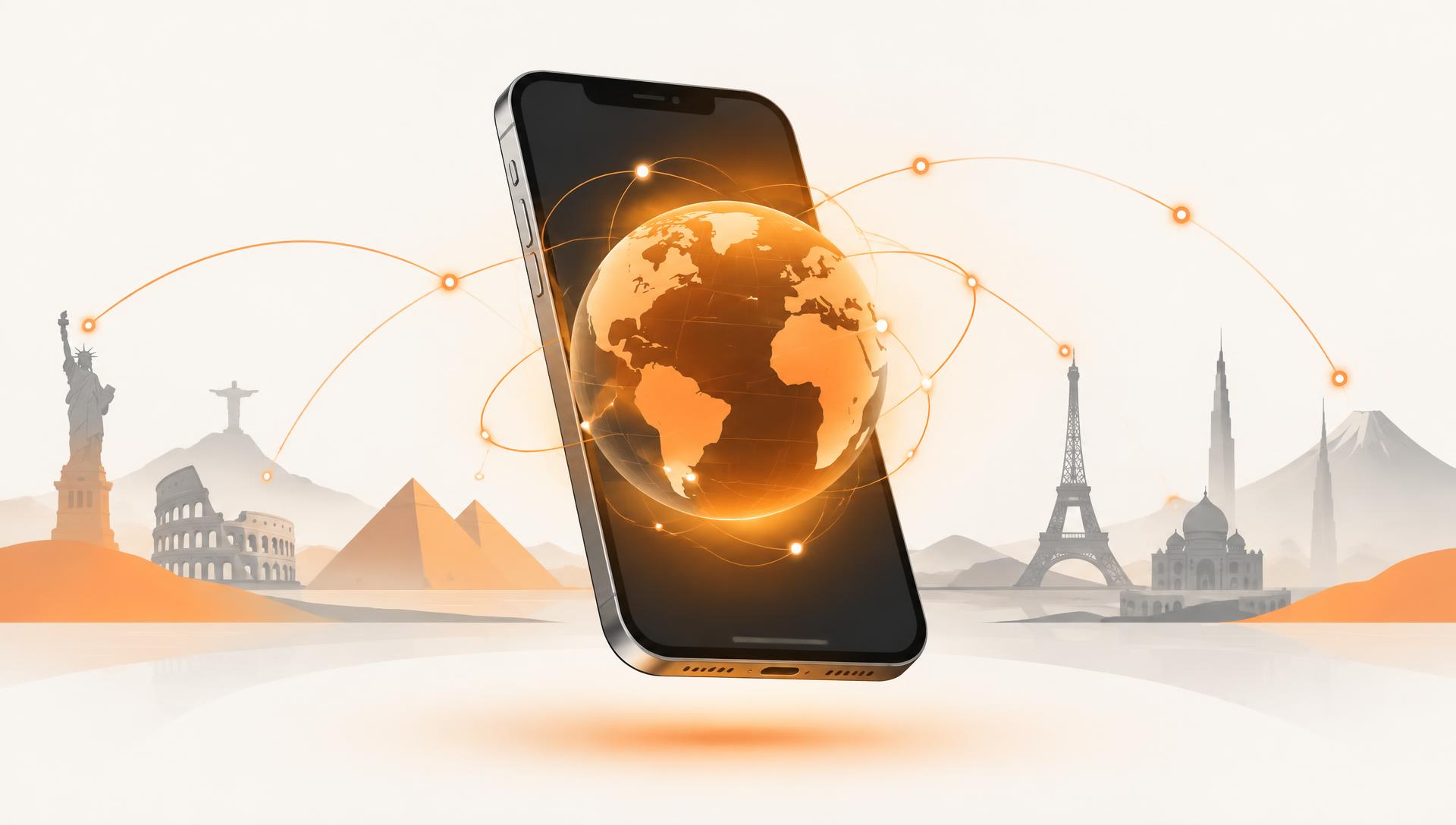 Smartphone showing a glowing globe surrounded by famous world landmarks